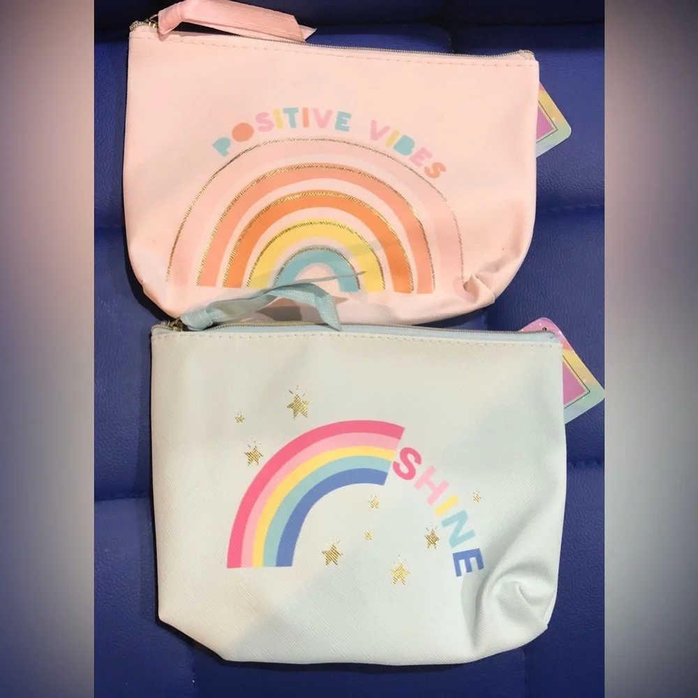 2pk graphic print positive vibes & shine rainbow makeup‎ toiletries bag cases
